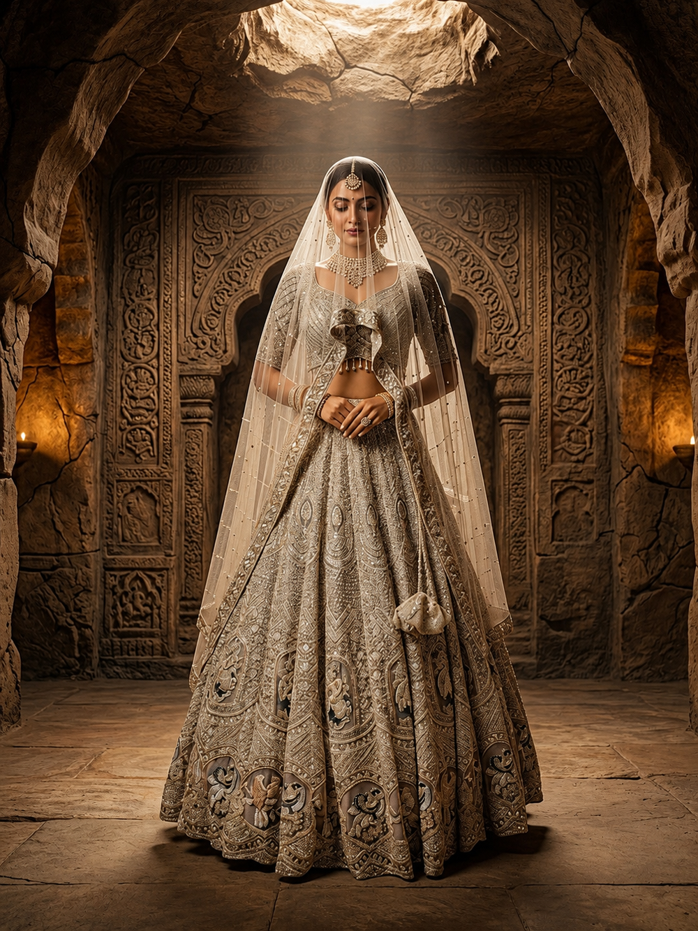 Portrait view of the model showcasing the matching light grey choli with a wide neckline framed in dense cut bead borders.