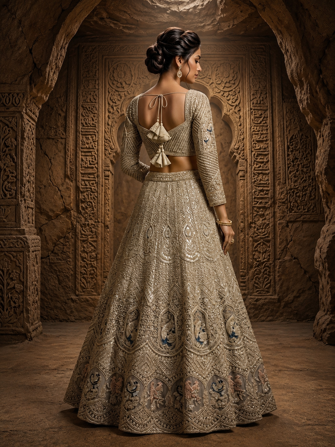 Full back profile of the light grey net lehenga outfit, highlighting the structured fall of the skirt and the elegant tie-up back of the blouse.