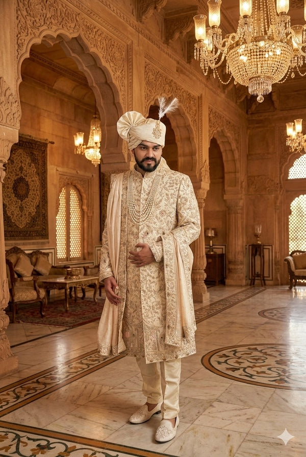 Wedding sherwani for groom with intricate embroidery and royal traditional design