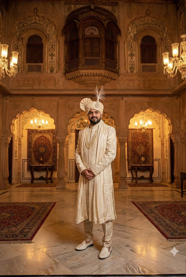 Ivory gold raw silk sherwani for groom with resham embroidery and stone work
