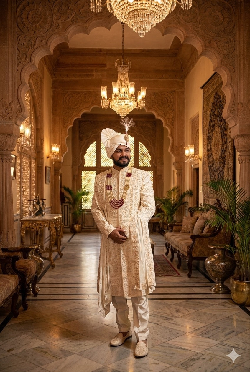 Elegant ivory sherwani for groom with intricate embroidery for a royal wedding look
