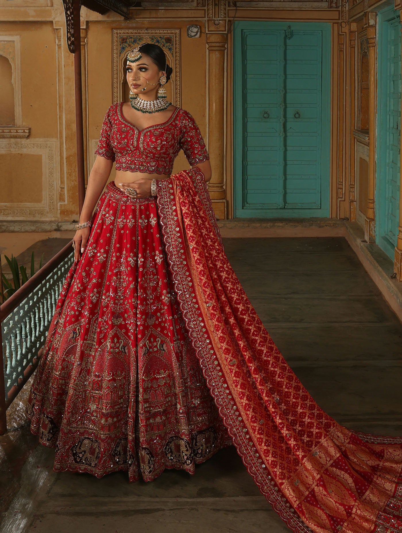 CORAL RED RAW SILK LEHENGA WITH BANDHEJ DUPATTAAA