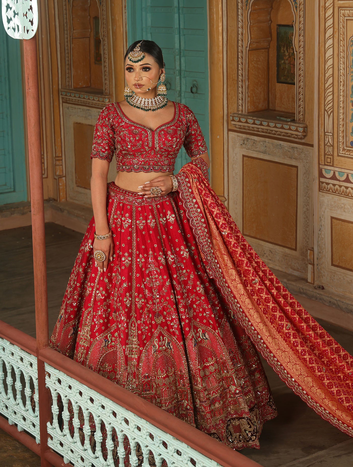 CORAL RED RAW SILK LEHENGA WITH BANDHEJ DUPATTAAA