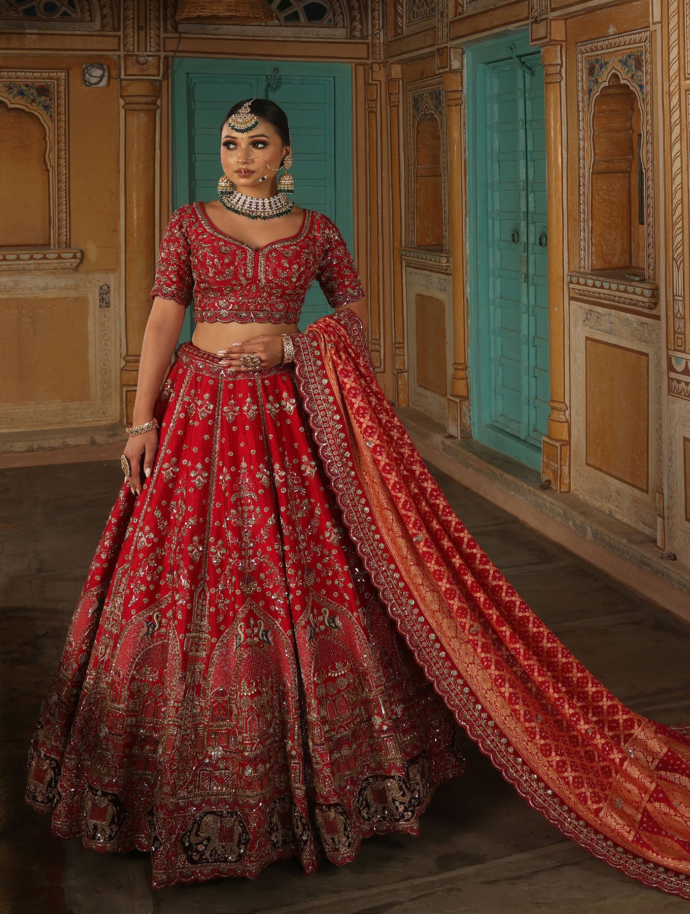 CORAL RED RAW SILK LEHENGA WITH BANDHEJ DUPATTAAA
