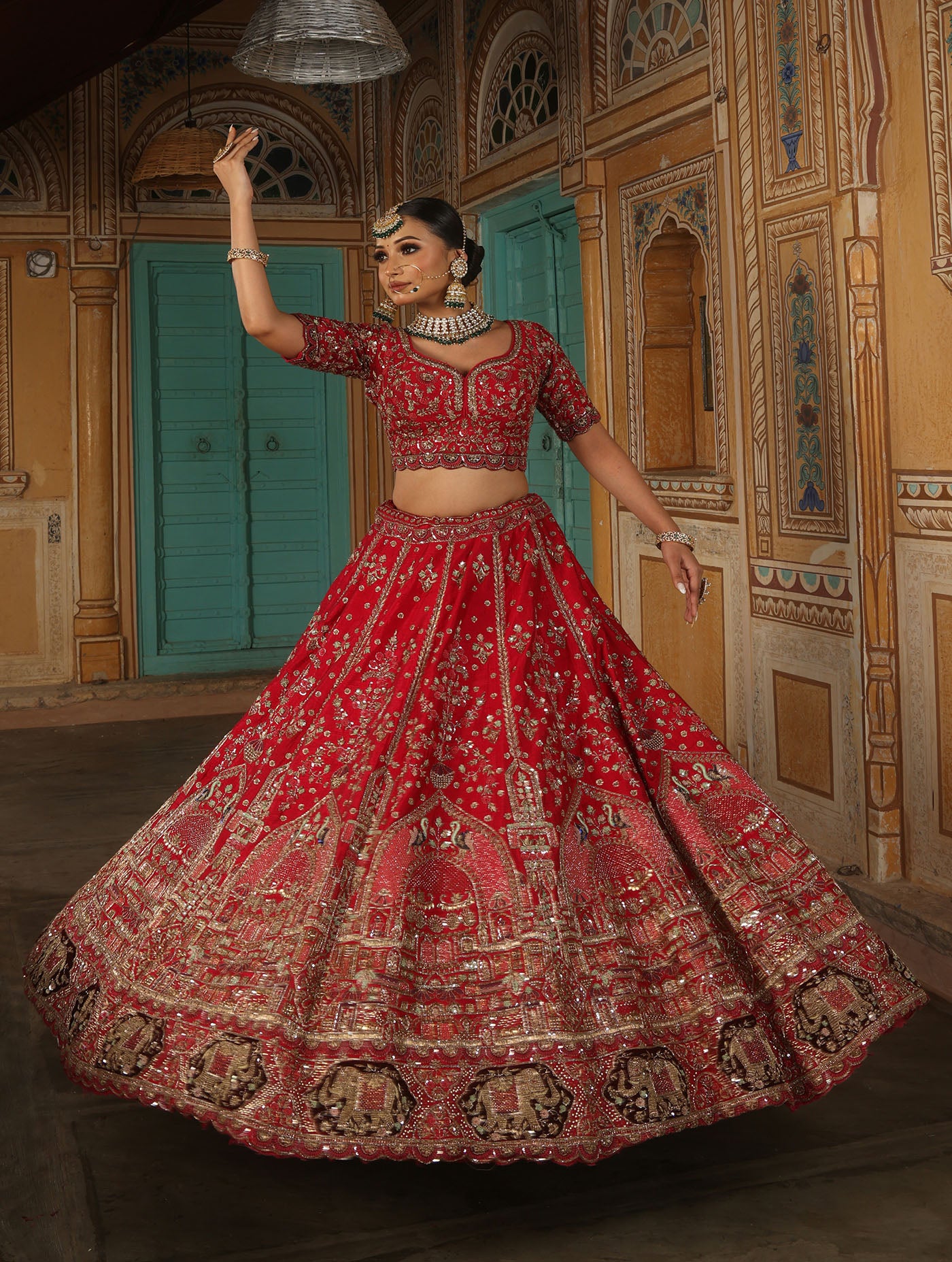 CORAL RED RAW SILK LEHENGA WITH BANDHEJ DUPATTAAA