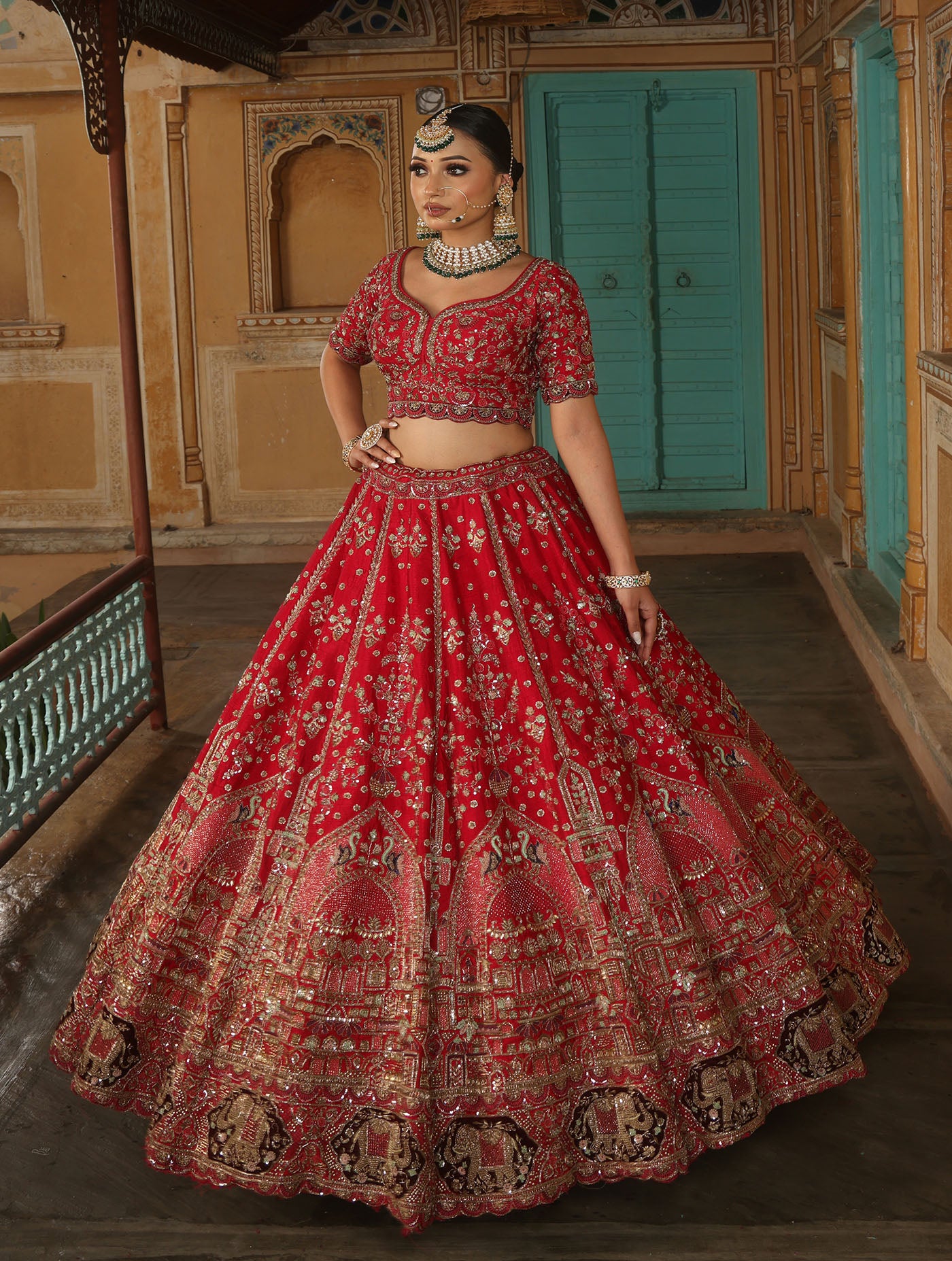 CORAL RED RAW SILK LEHENGA WITH BANDHEJ DUPATTAAA