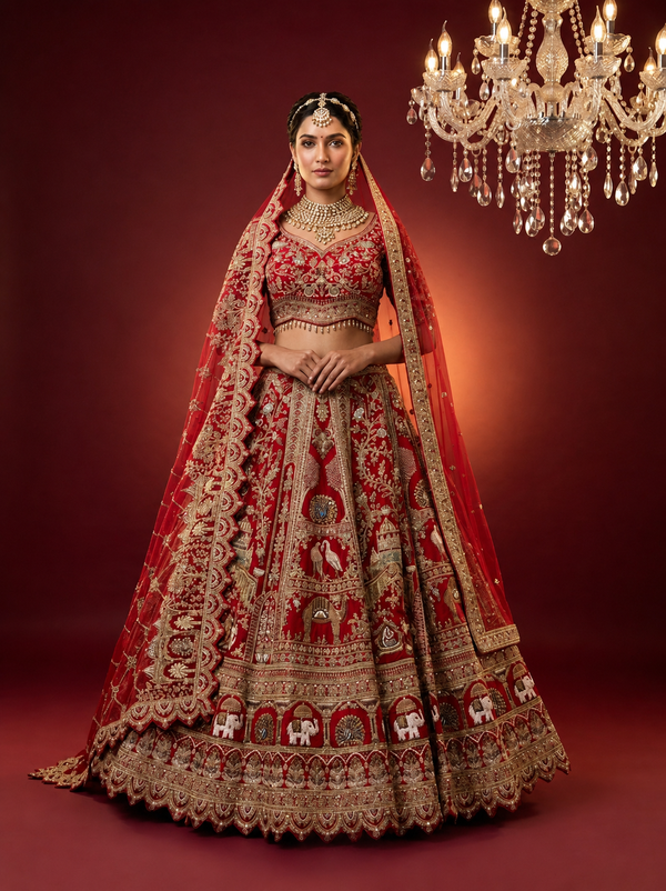 Luxury red bridal lehenga in silk with zari and cutdana work
