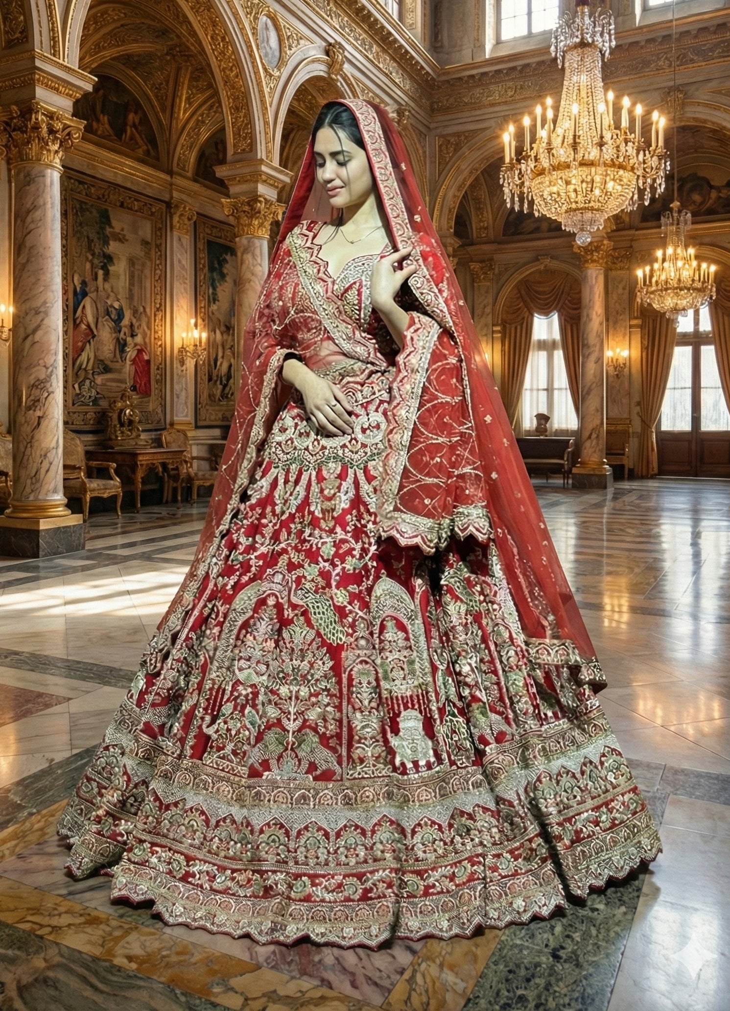 Luxury red wedding lehenga in raw silk with rich embroidery and full flare silhouette
