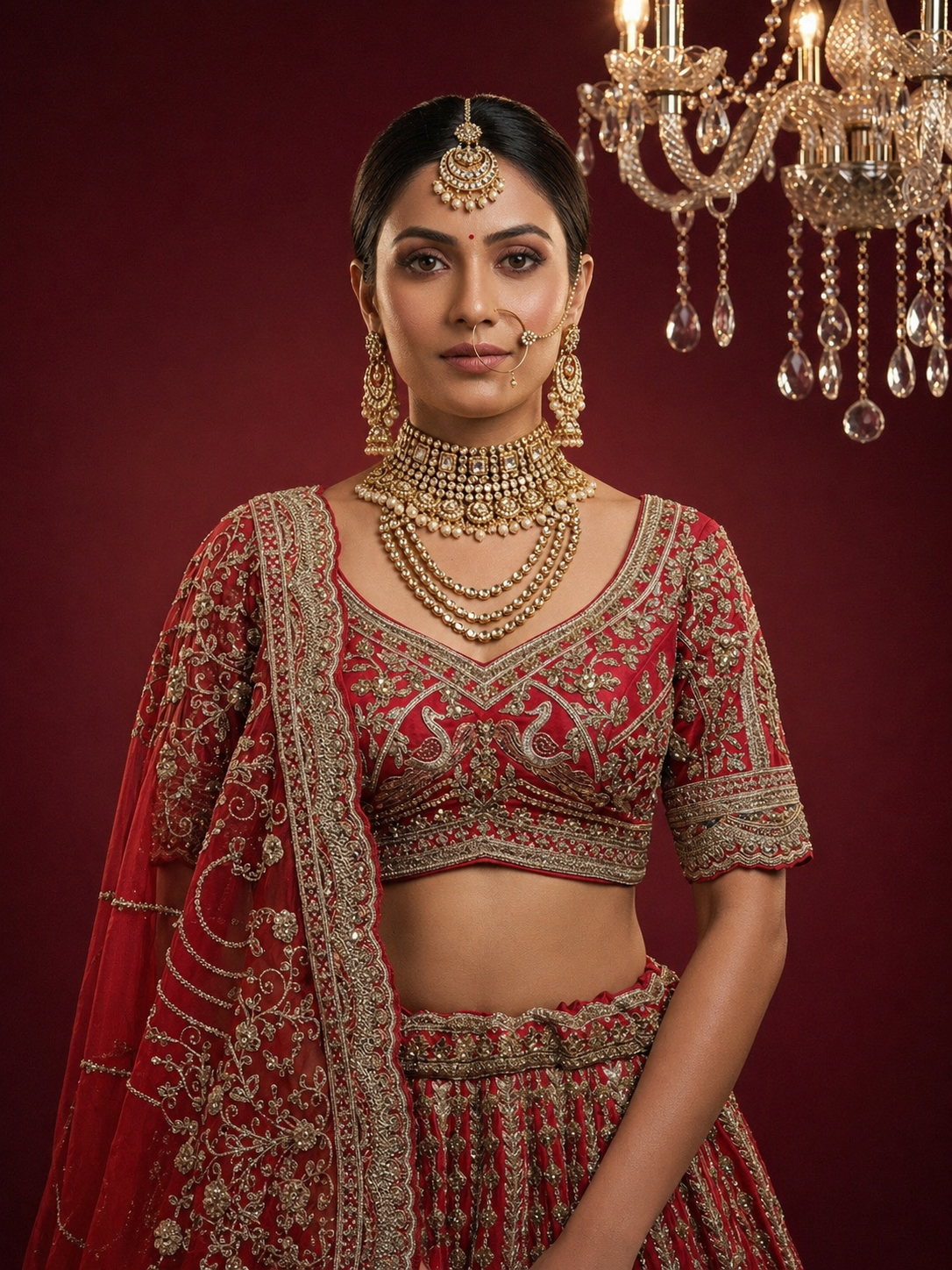 Luxury royal red bridal lehenga with handcrafted thread embroidery
