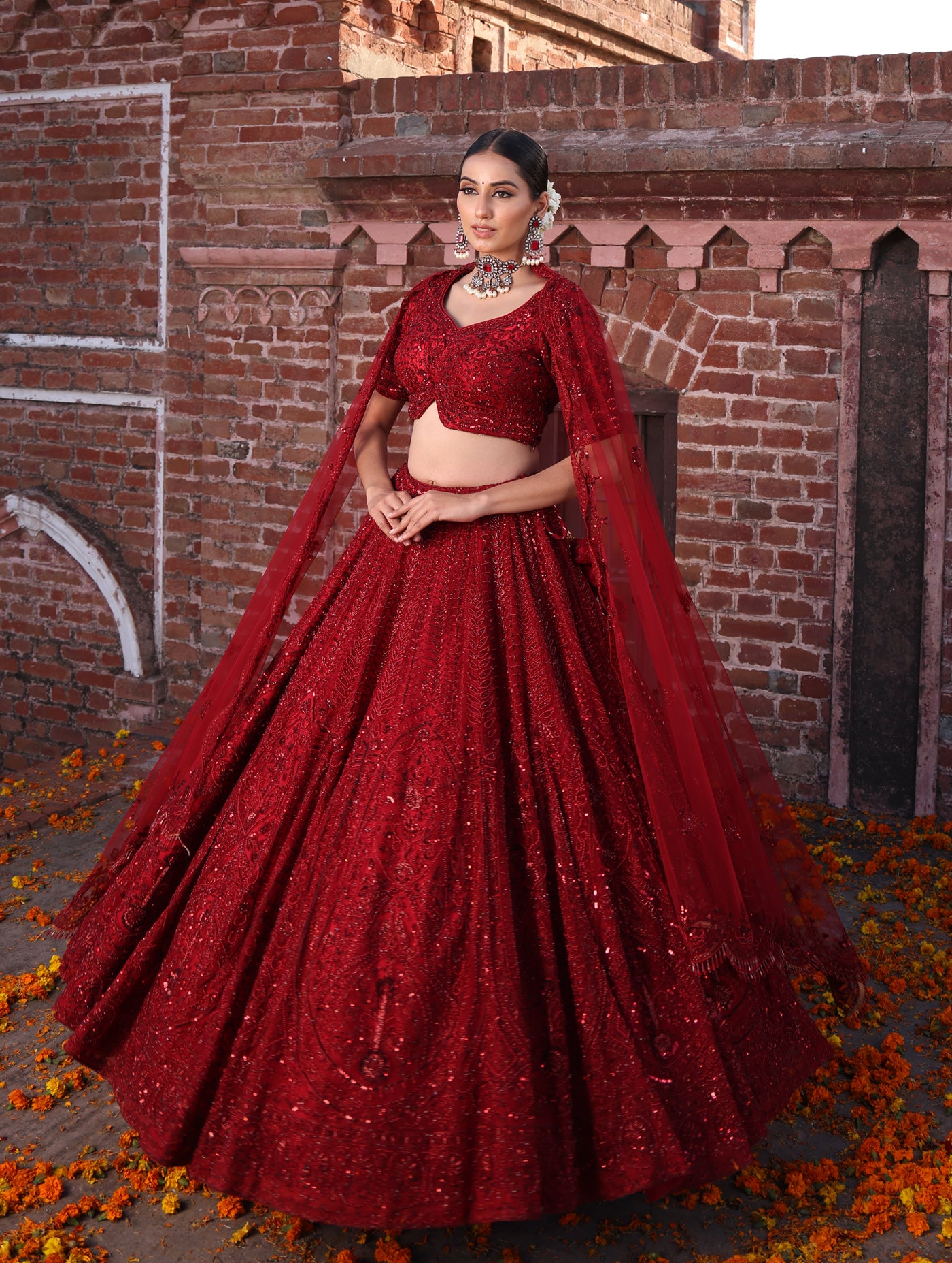 CARMINE RED MONOCHROME LEHENGA