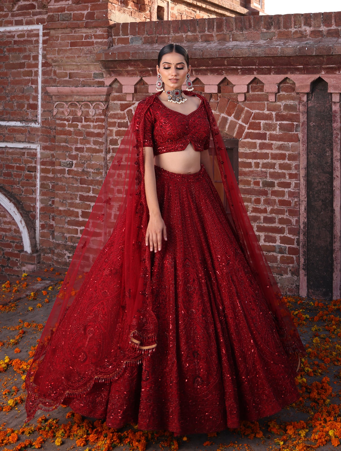 CARMINE RED MONOCHROME LEHENGA