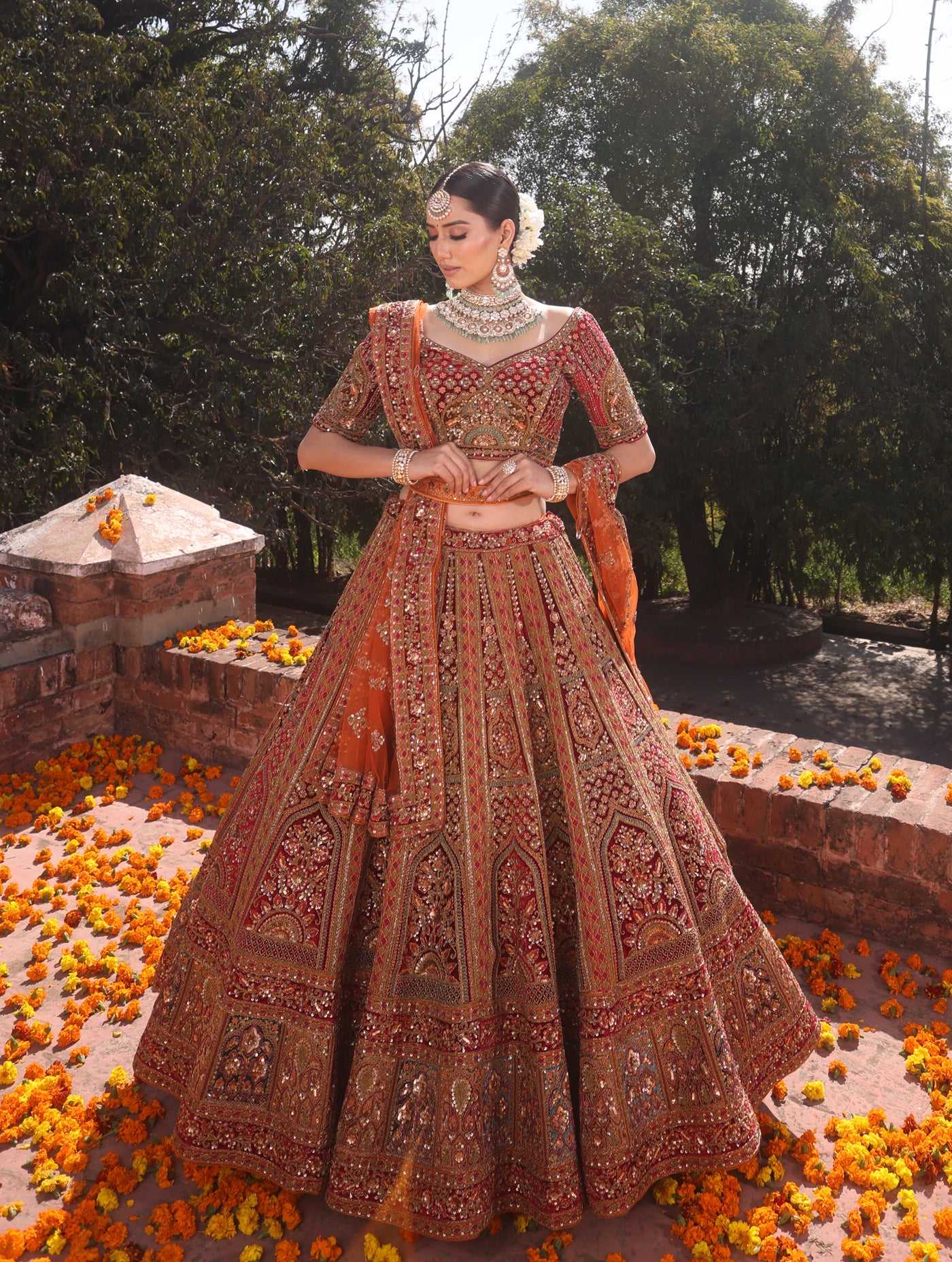 RUST RAW SILK AND MAROON VELVET INFUSED LEHENGA