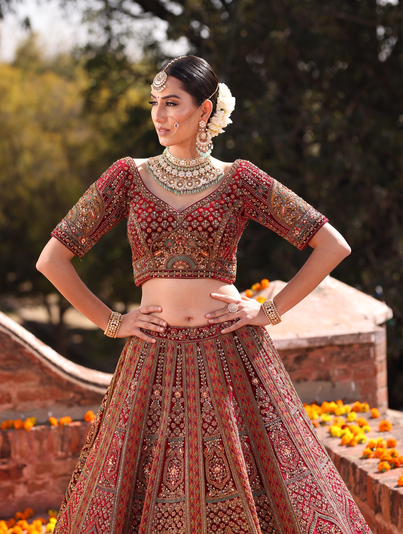 RUST RAW SILK AND MAROON VELVET INFUSED LEHENGA