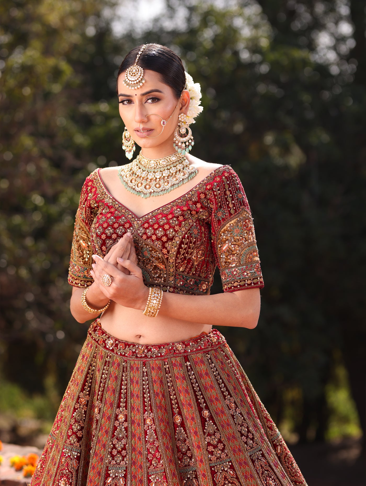 RUST RAW SILK AND MAROON VELVET INFUSED LEHENGA