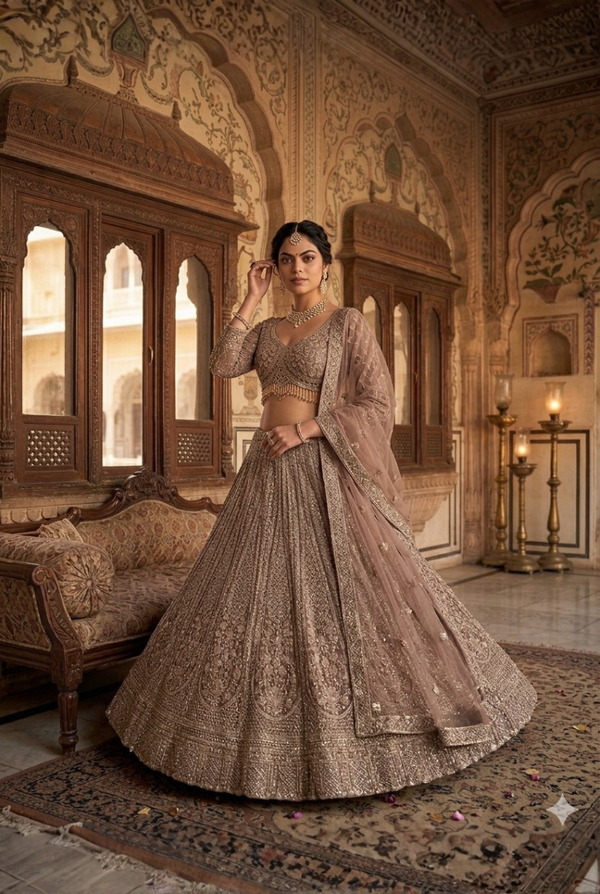 Designer light brown net lehenga for bride with intricate sequence embroidery and cutdana work for wedding functions
