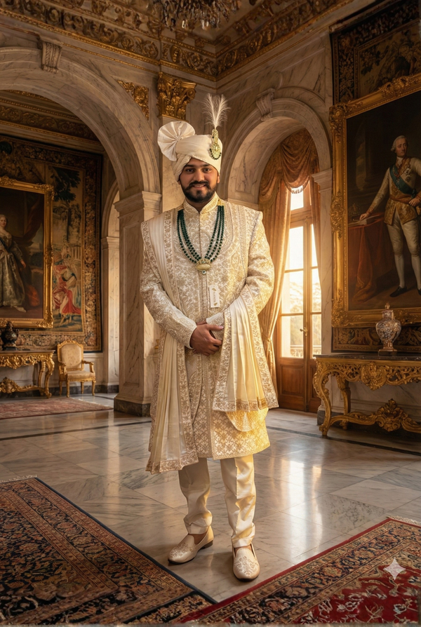 Designer off white Lok sherwani for men with premium embroidery

