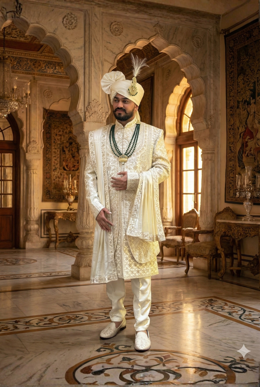 Off white raw silk Indo Western sherwani with thread and cut dana work
