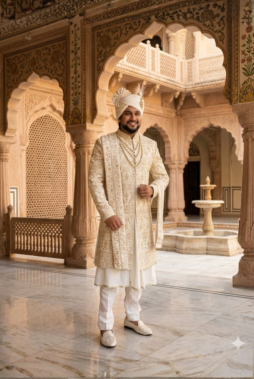Premium groom sherwani in silk with handcrafted embroidery

