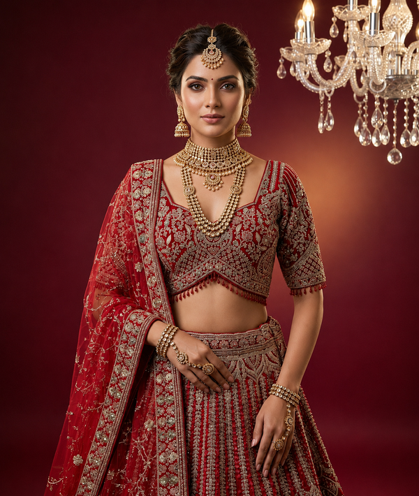 Portrait view of a bride showcasing a red lehenga choli with a sweetheart neckline blouse and intricate floral manual embroidery.