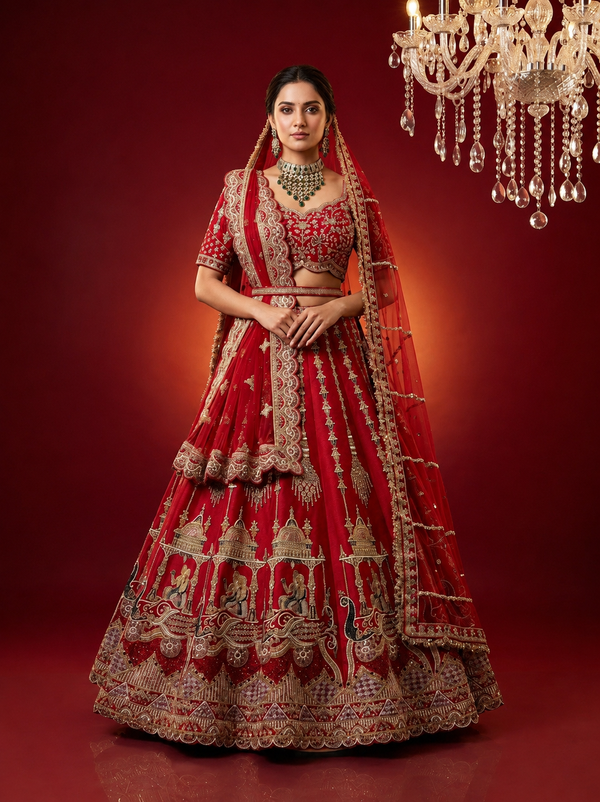 Pure red bridal lehenga in silk featuring heavy manual Zari and Zarkan stone embellishments.