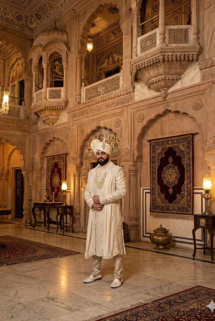 Groom wearing ivory gold wedding sherwani with hand embroidery and dupatta
