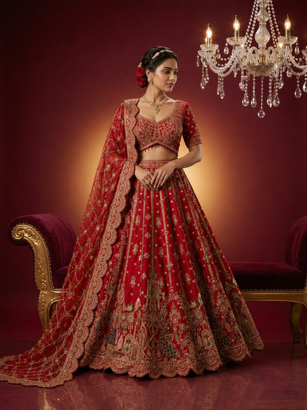 Red bridal lehenga in silk with heavy embroidery, sequins and stone work for wedding
