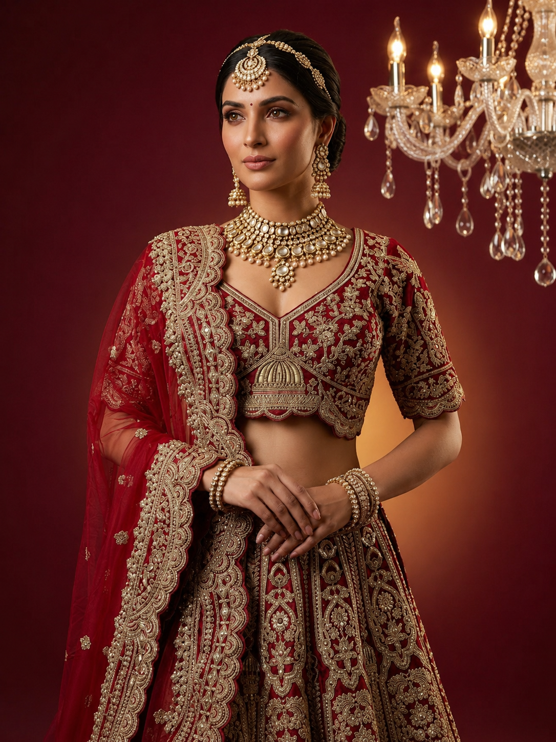 Model showcasing the heavily embellished red choli with a sweetheart neckline and detailed sleeve embroidery.