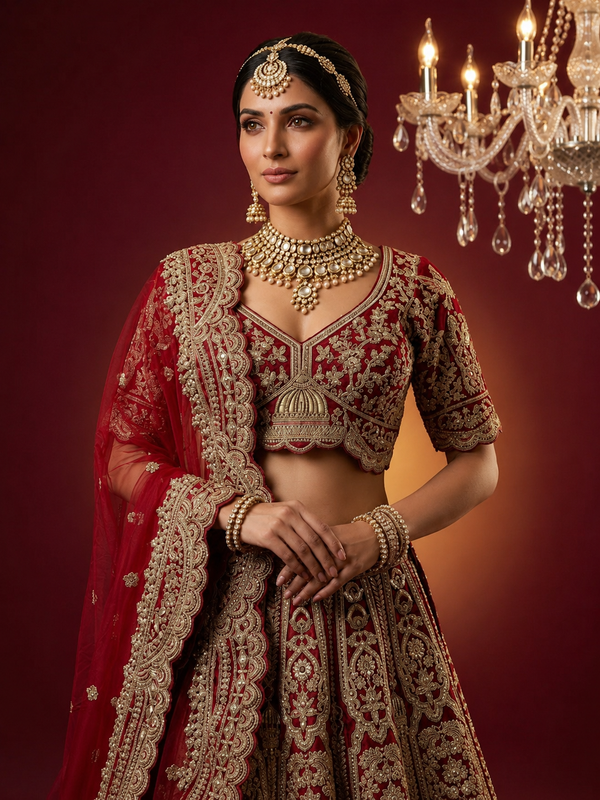 Model showcasing the heavily embellished red choli with a sweetheart neckline and detailed sleeve embroidery.