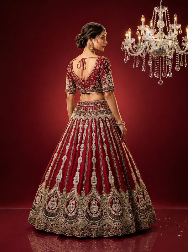 Red color bridal lehenga in silk with heavy zardozi embroidery
