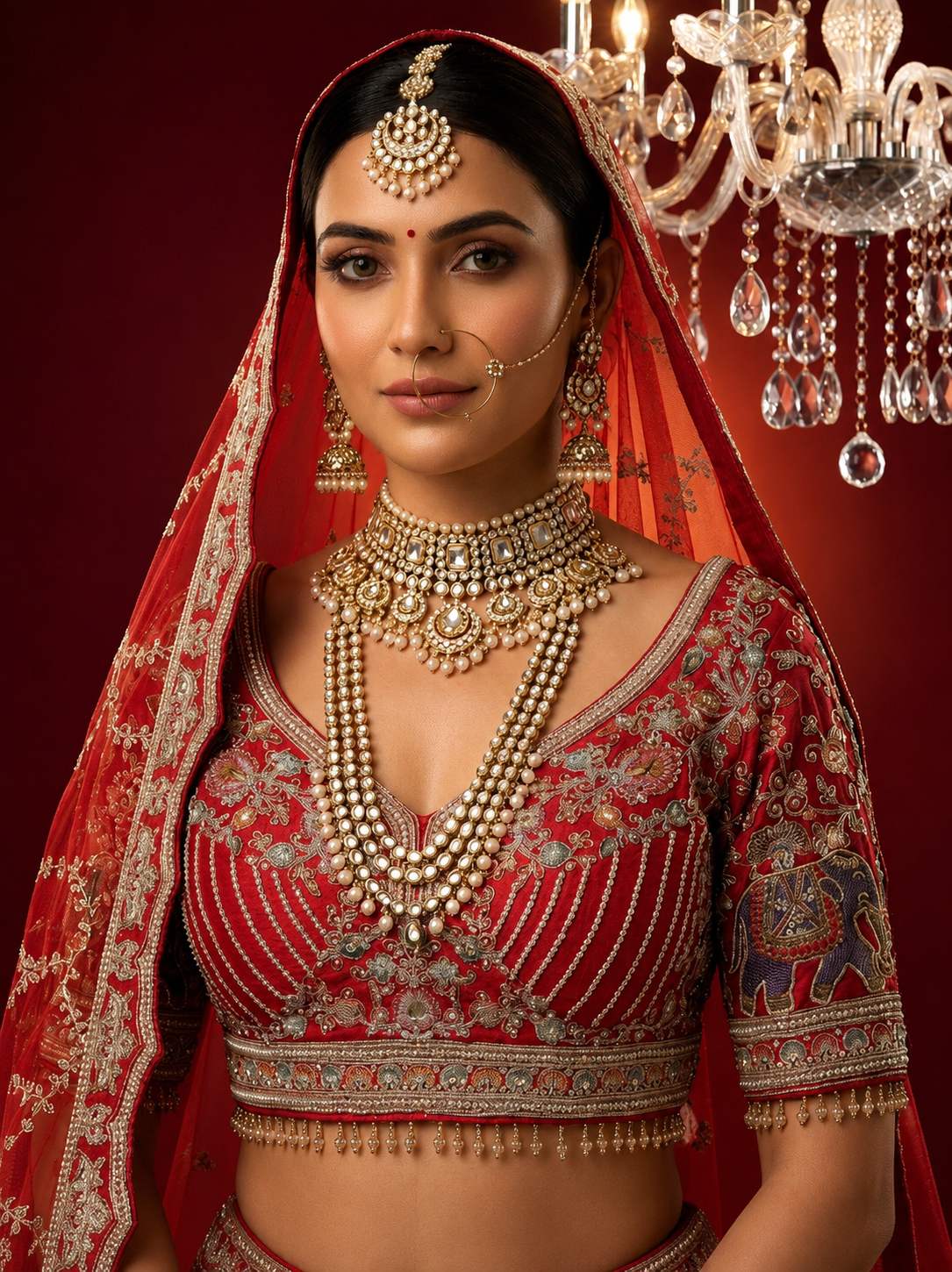 Red lehenga choli in pure silk featuring heavy manual Zarkan and white pulse pearl embroidery.