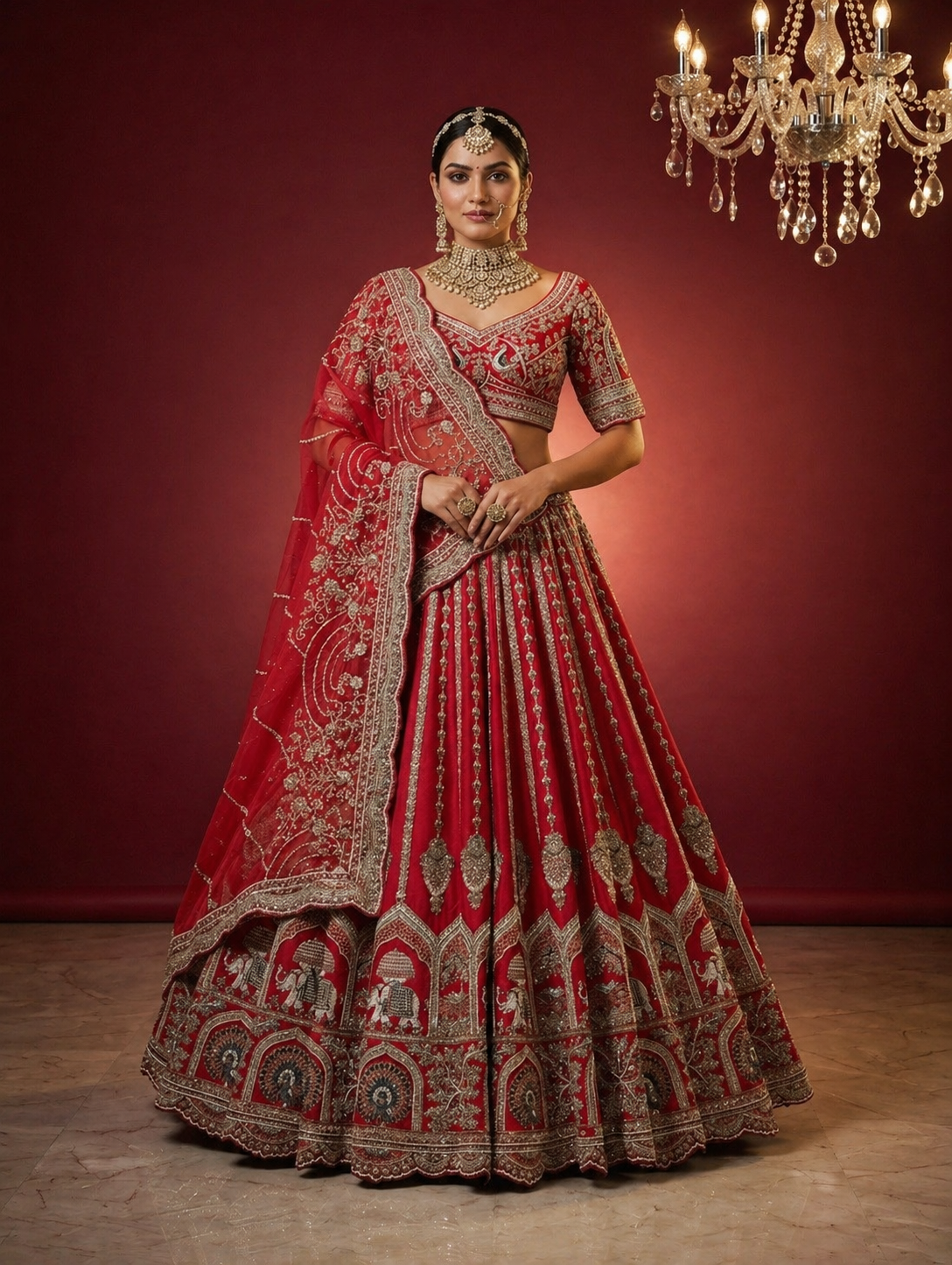 Royal red bridal lehenga in silk with heavy embroidery and stone work
