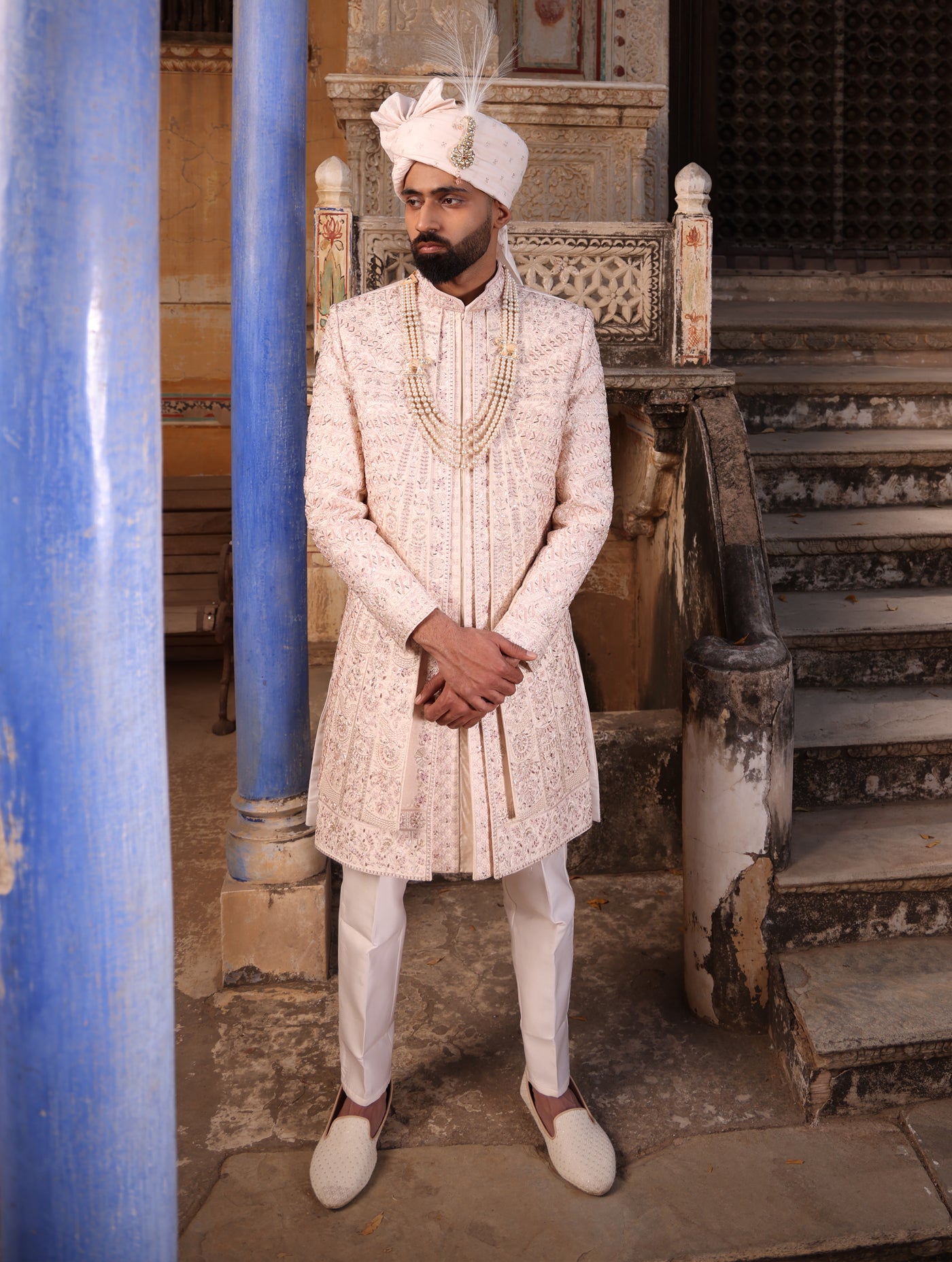 PEACH BLUSH EMBROIDERED SHERWANI SET