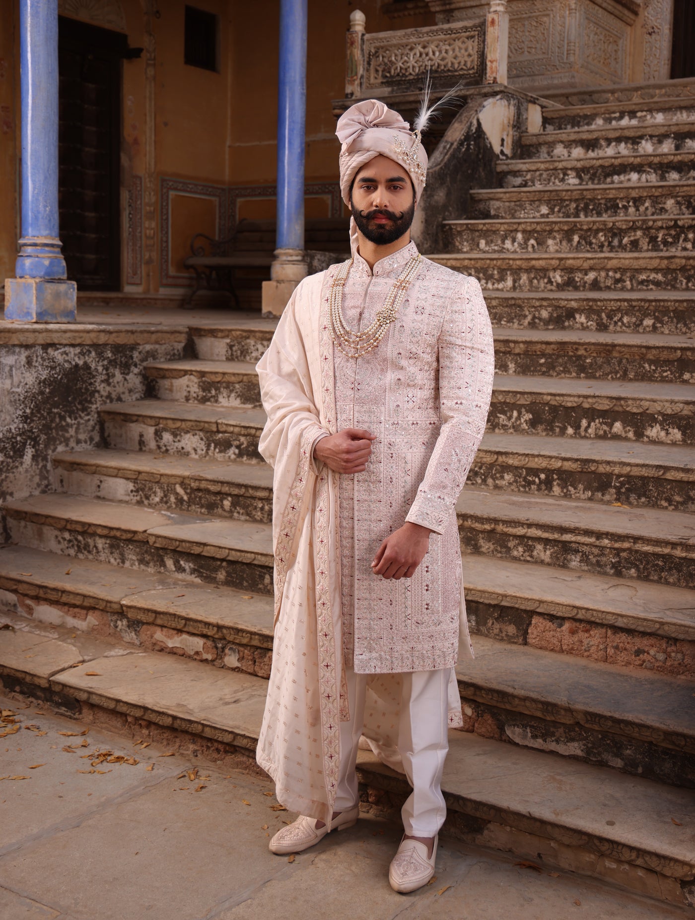 PASTEL PEACH EMBROIDERED SHERWANI SET