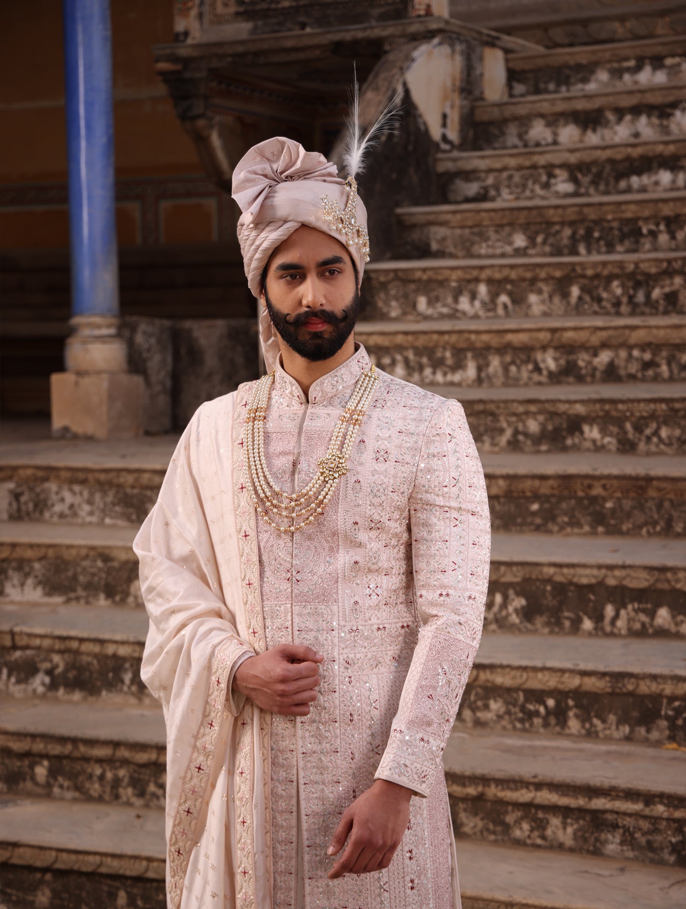 PASTEL PEACH EMBROIDERED SHERWANI SET