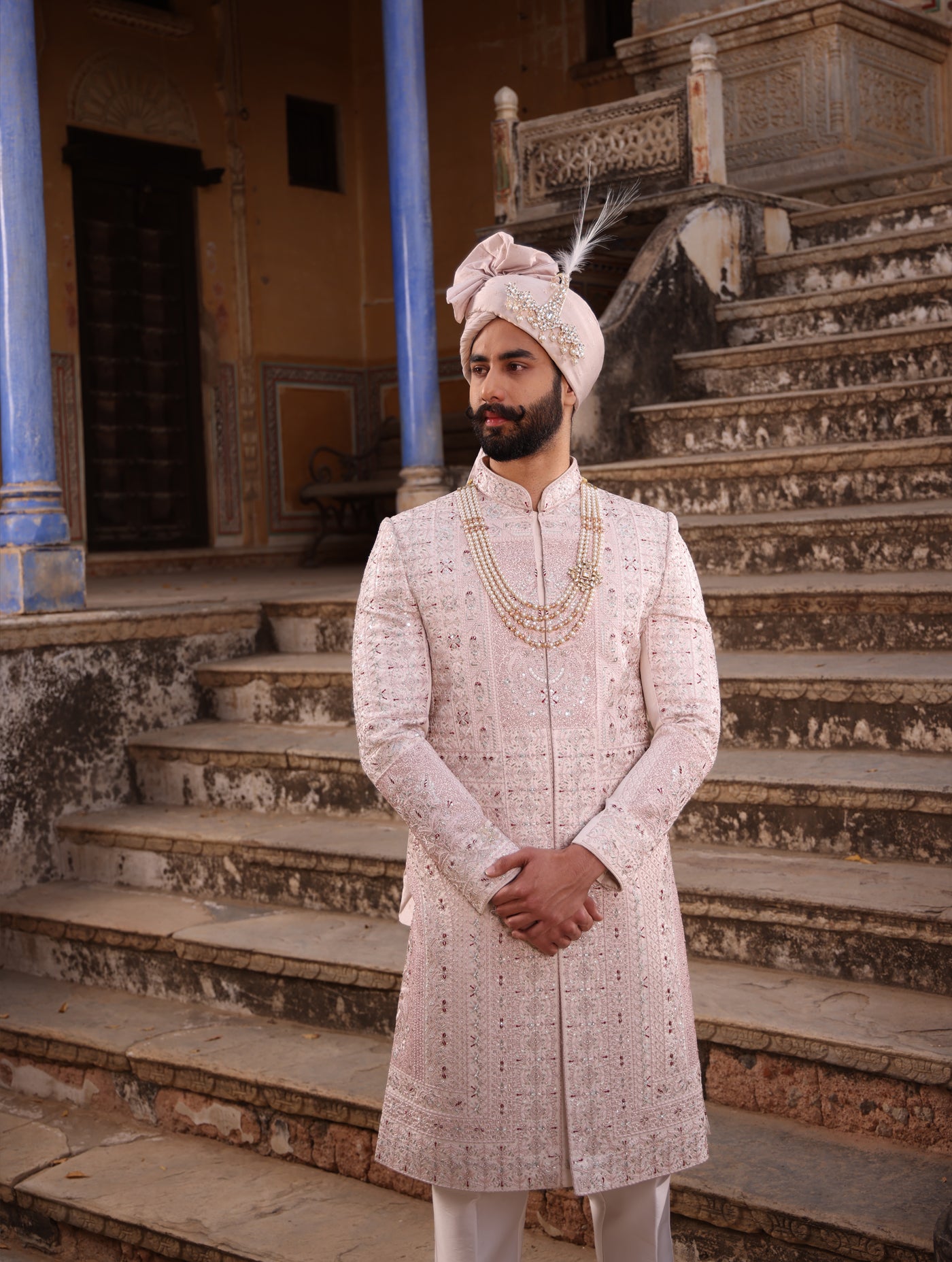 PASTEL PEACH EMBROIDERED SHERWANI SET