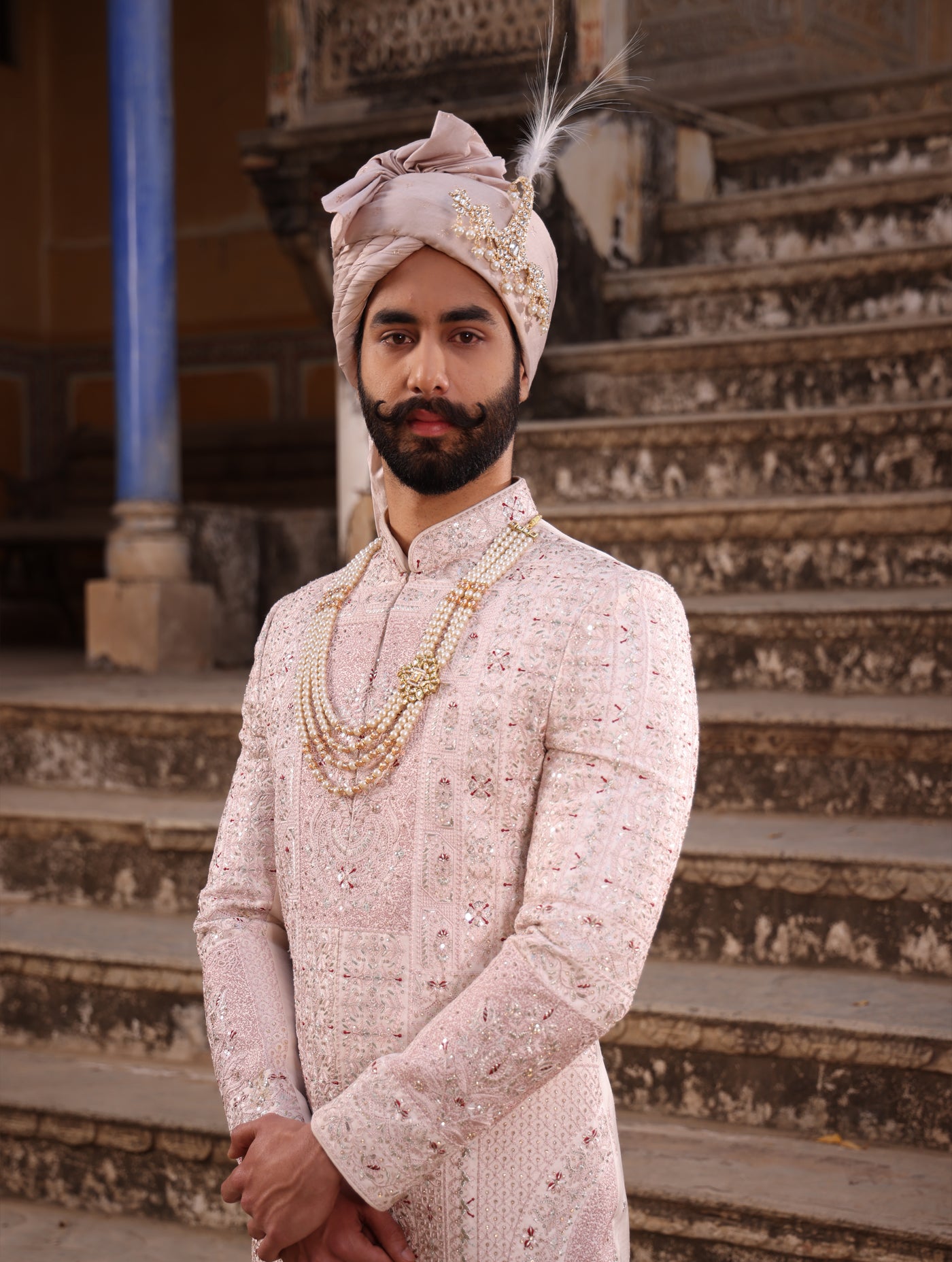 PASTEL PEACH EMBROIDERED SHERWANI SET