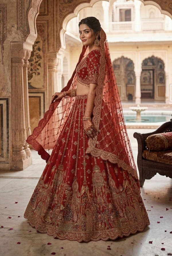 Designer red bridal lehenga in silk with handcrafted dori, resham thread and stone embroidery for traditional wedding
