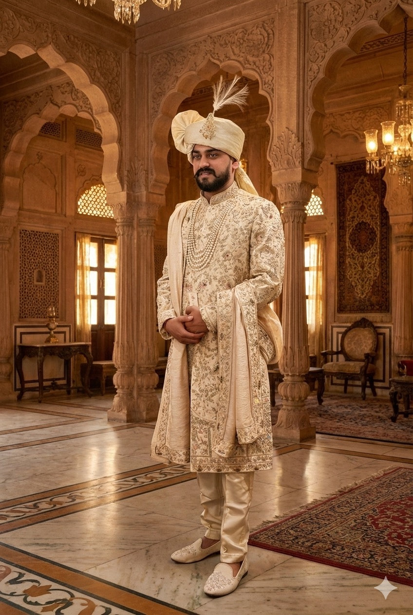 Designer wedding sherwani for groom featuring rich embroidery and modern royal style