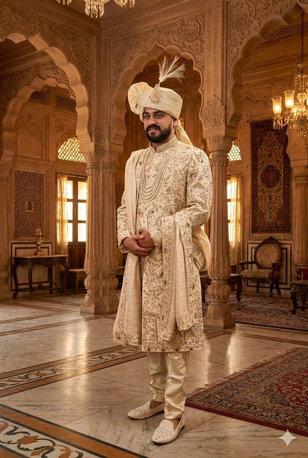 Designer wedding sherwani for groom featuring rich embroidery and modern royal style