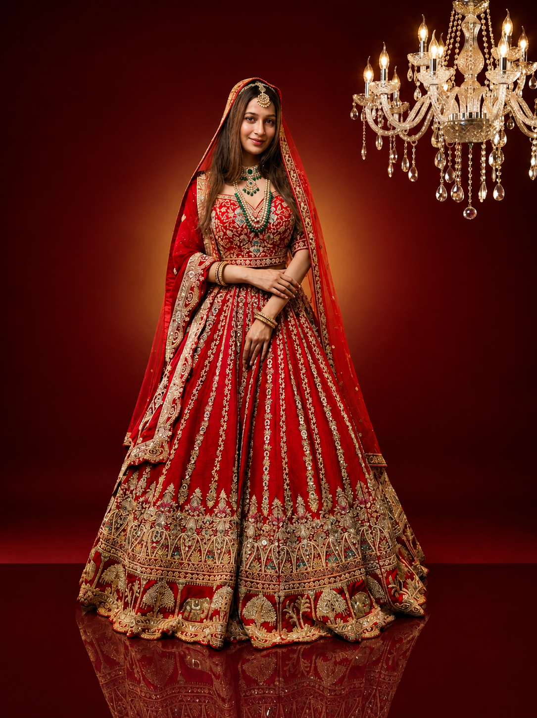 Wedding red bridal lehenga in silk with heavy zardozi embroidery
