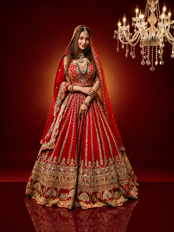 Wedding red bridal lehenga in silk with heavy zardozi embroidery
