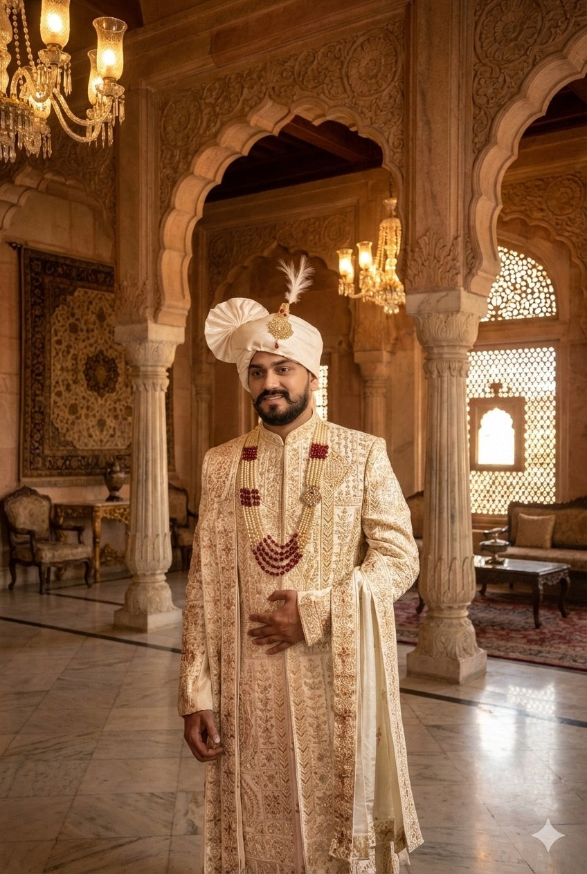  Designer ivory sherwani for groom featuring traditional embroidery and regal silhouette