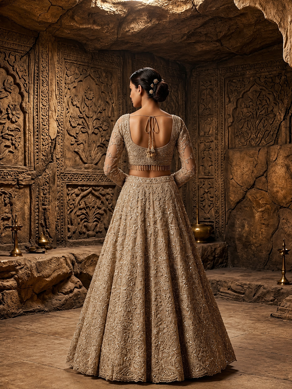 Portrait shot of the model highlighting the matching beige golden choli with a wide sweetheart neckline framed in heavy beadwork borders.