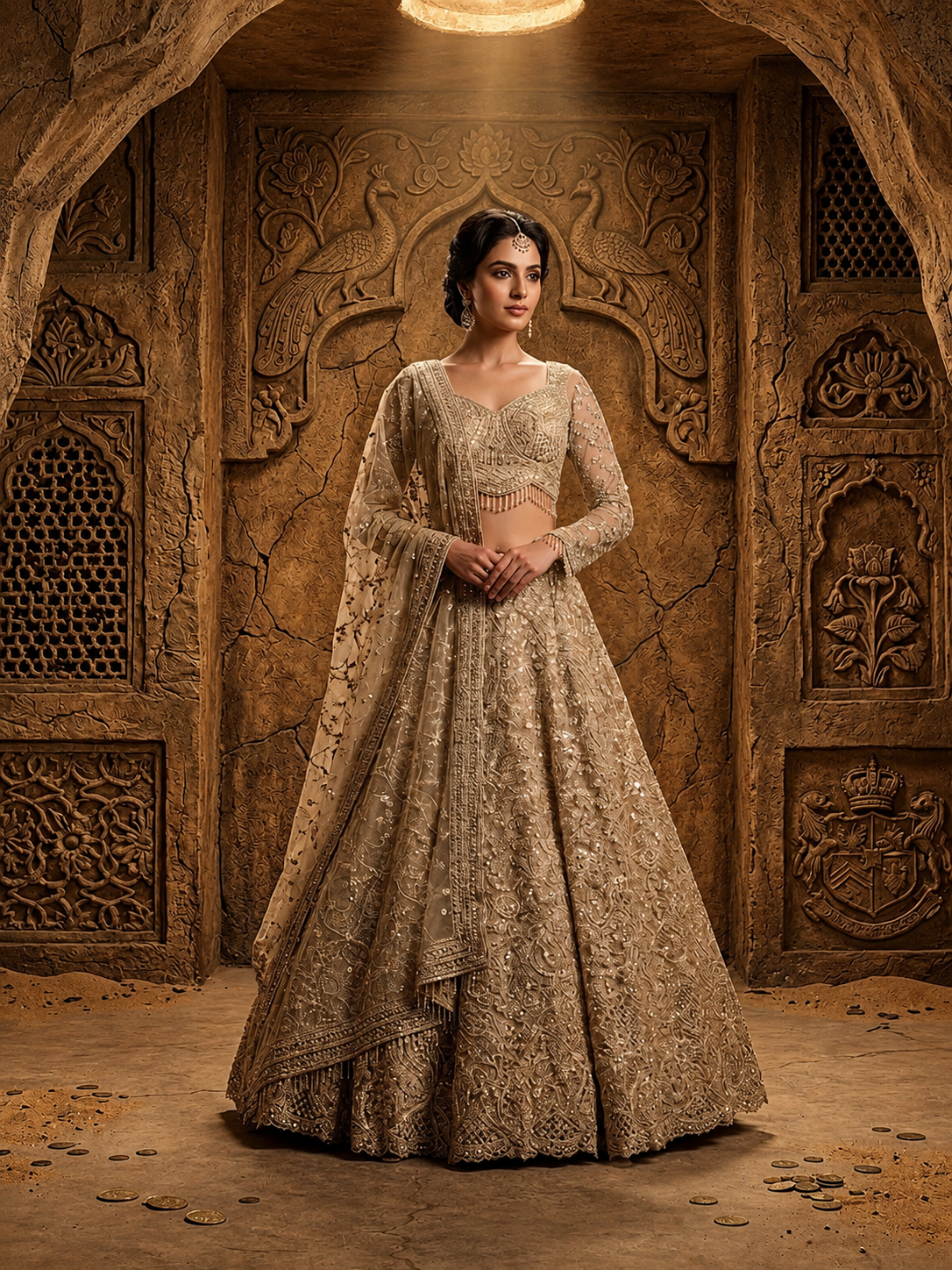 beige and gold wedding dress Peach Golden Net Kardana Work Lehenga – kundans Bridal Couture TaxHoliday Dresses 13-14 Boyut:36