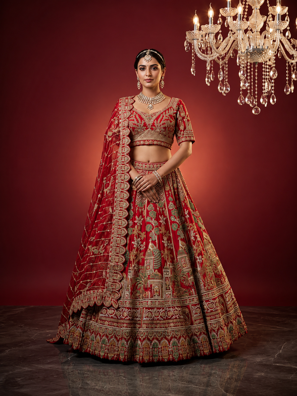 Full-length front shot of a bride in a red ghagra choli with a matching dupatta and heavy traditional gold jewelry.