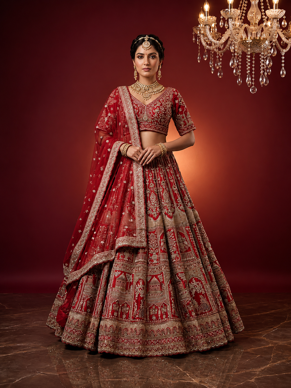 Full-length front view of a bride in a royal red bridal lehenga featuring heavy zardozi work and a matching sheer dupatta.