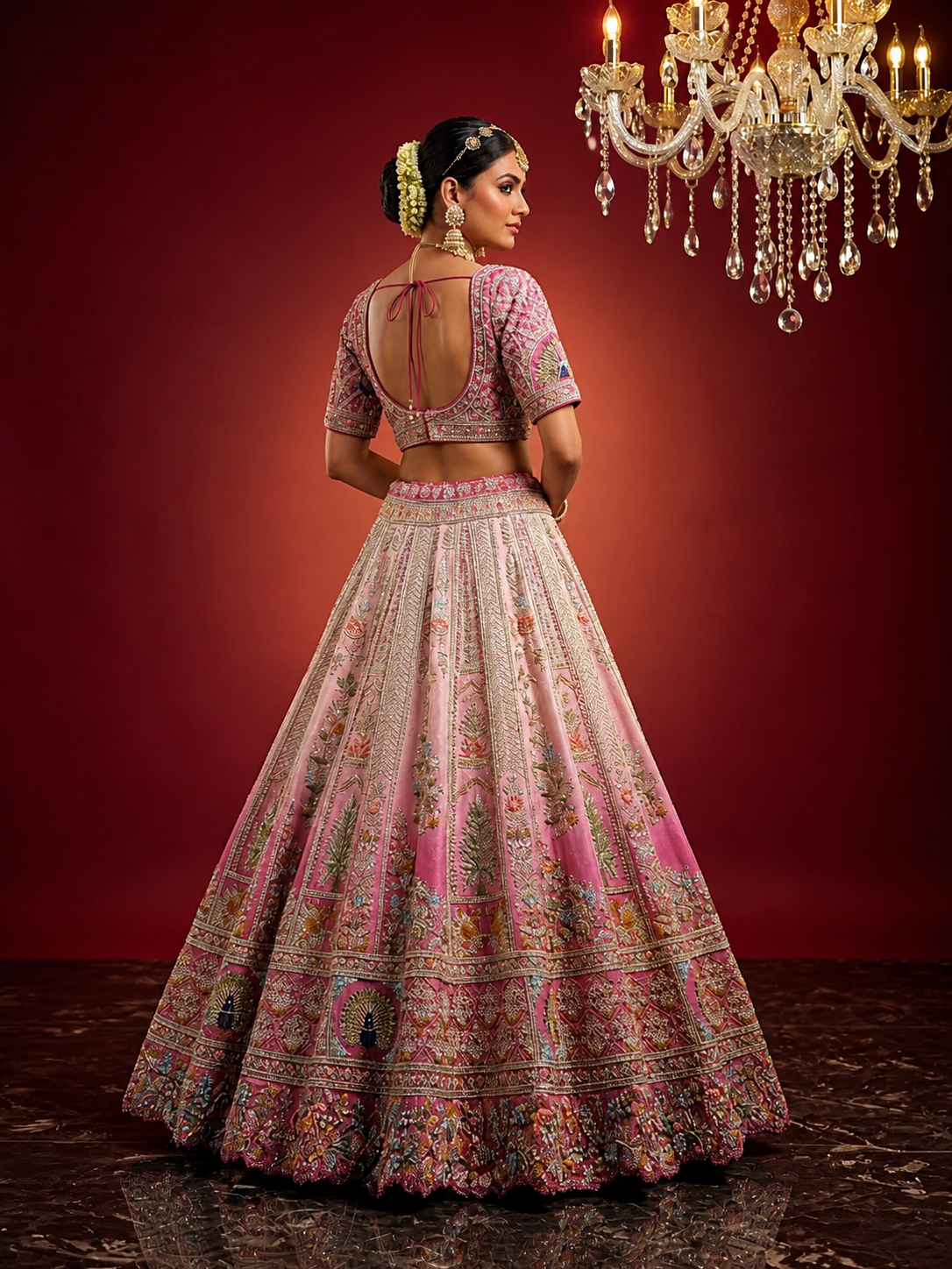 Back profile of a bride in an embroidered dusty rose blouse and tissue silk lehenga with a matching sheer dupatta.
