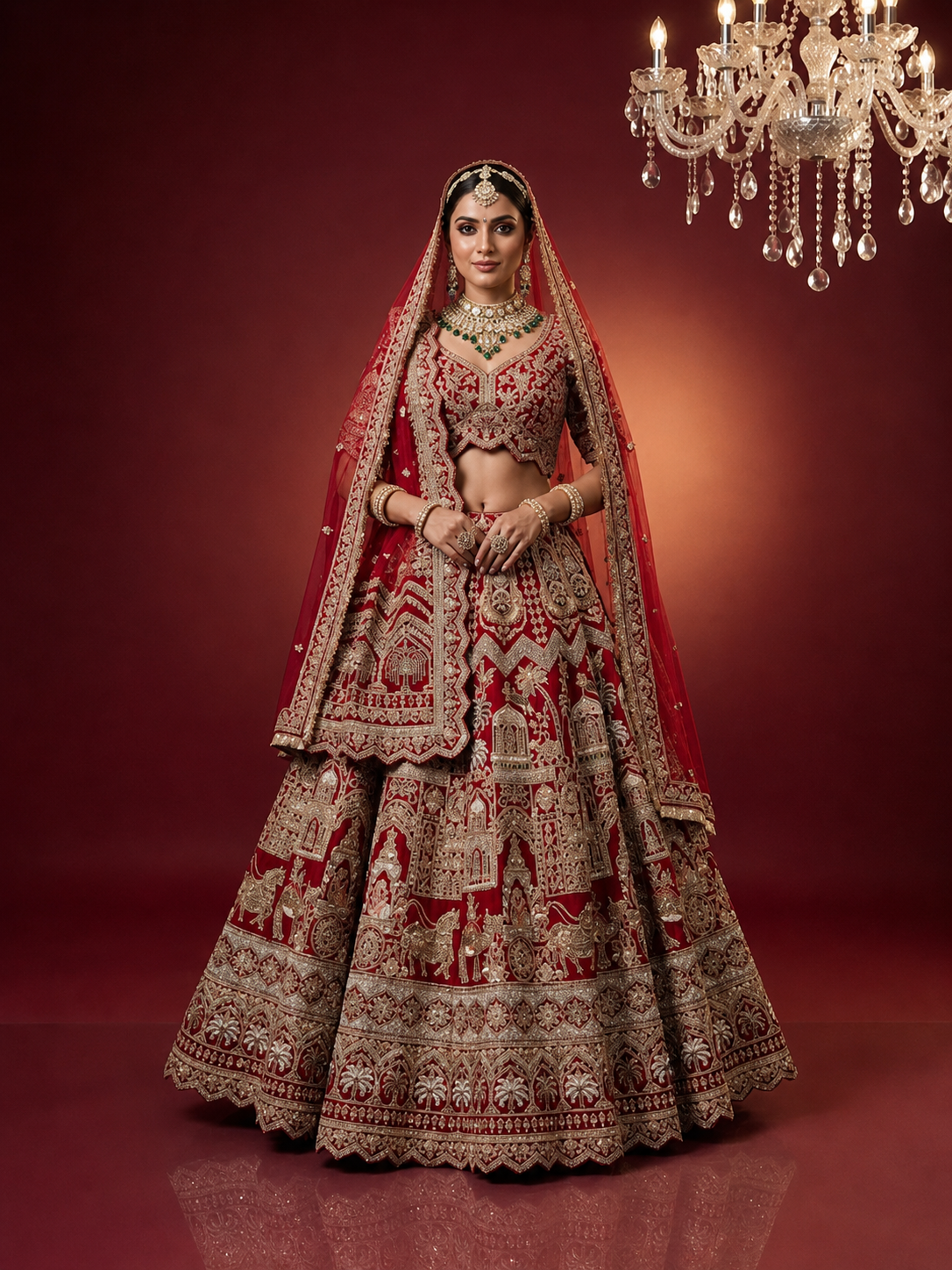 Full-length shot of a luxury cherry red silk lehenga showcasing the heavy bottom border and heritage storytelling motifs.