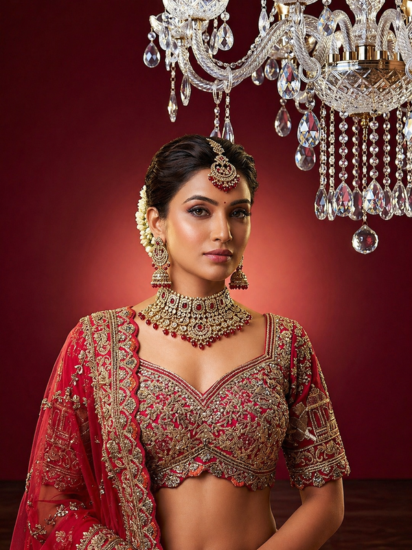 designer red bridal lehenga with sequins dori and stone work
