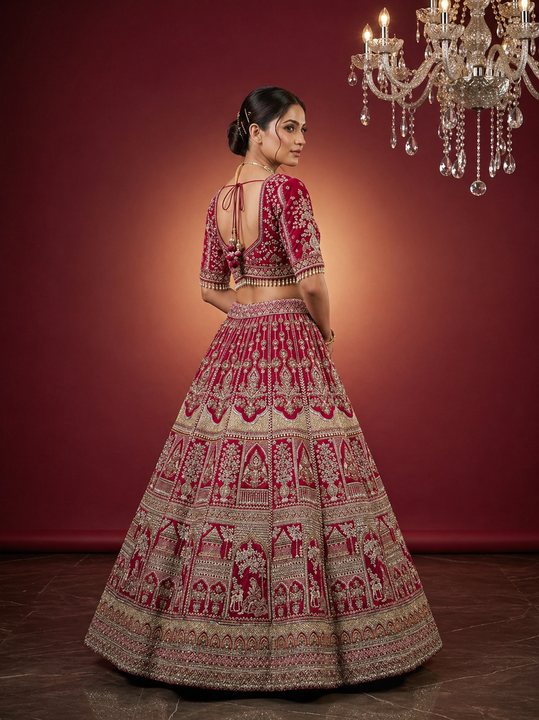 designer red colour lehenga with sequins dori and stone work
